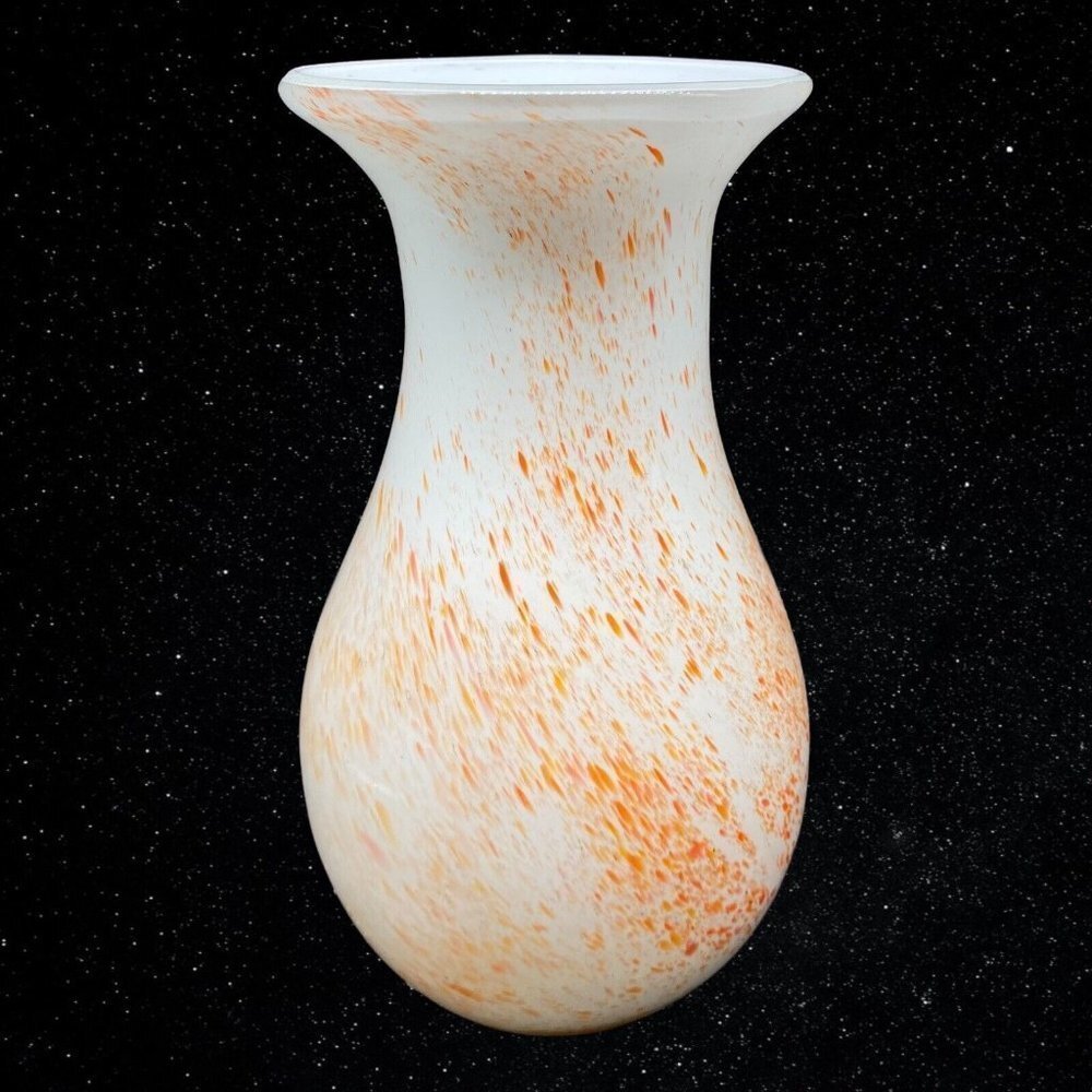 Vintage‎ Art Glass White Orange Speckled Hand Blown Vase 8”T 4”W
